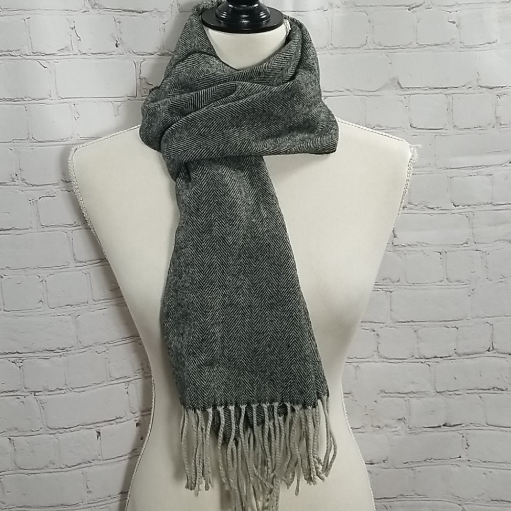 Cashmere Feel Grey Herringbone Fringe Scarf